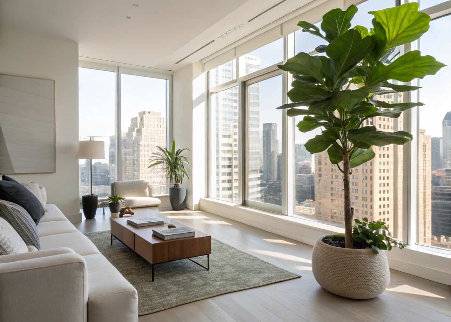 High-rise apartment living room with fiddle leaf fig, potted plants on coffee table, minimalist modern décor, natural sunlight”