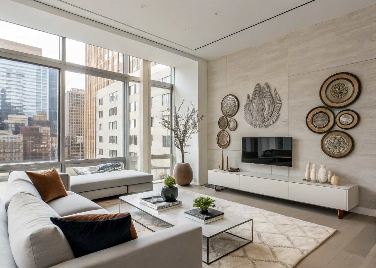 Modern apartment living room with abstract wall art, decorative vases, mirrors, sleek furniture, minimalist urban interior”