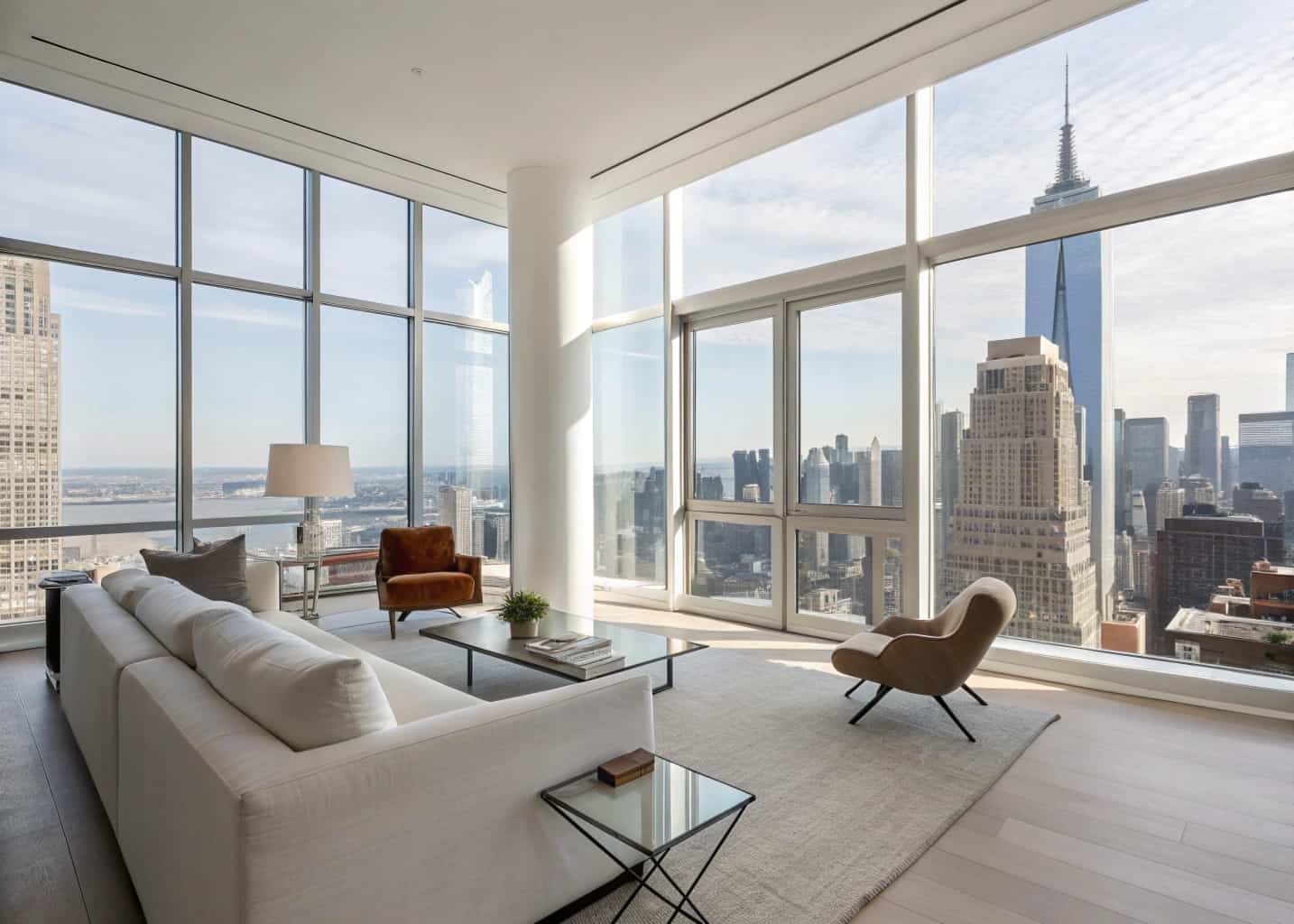 Modern high-rise apartment living room facing city skyline, minimalist furniture, floor-to-ceiling windows, bright and airy interior