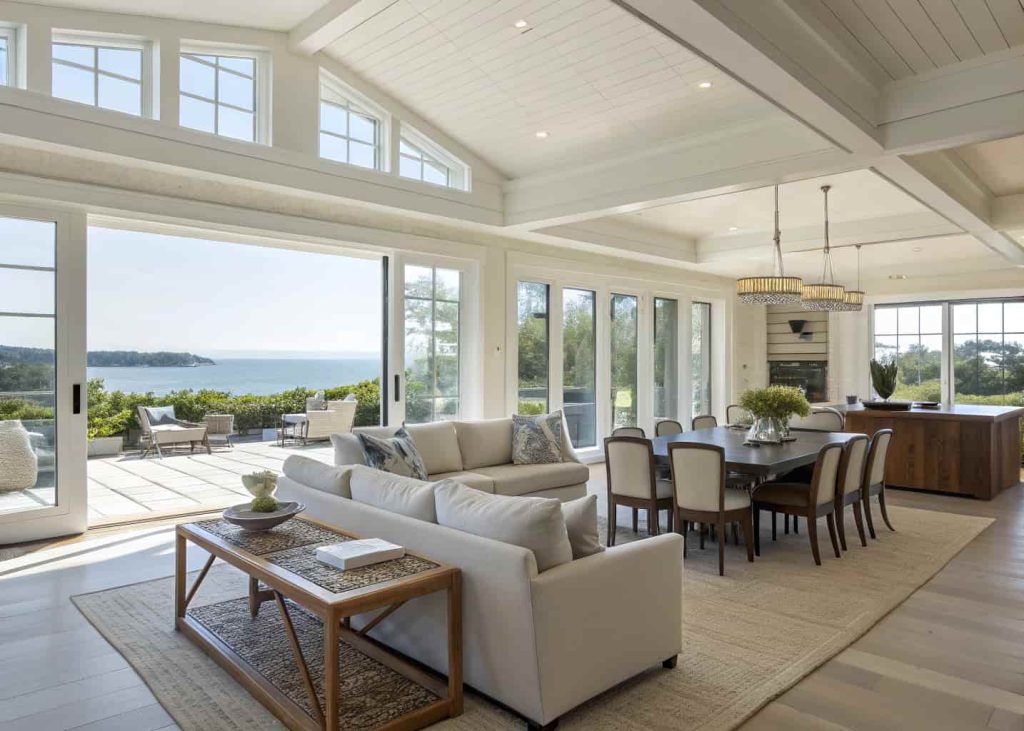 Open living and dining layout with clear furniture arrangement, modern sofa area and dining table placement, airy design”