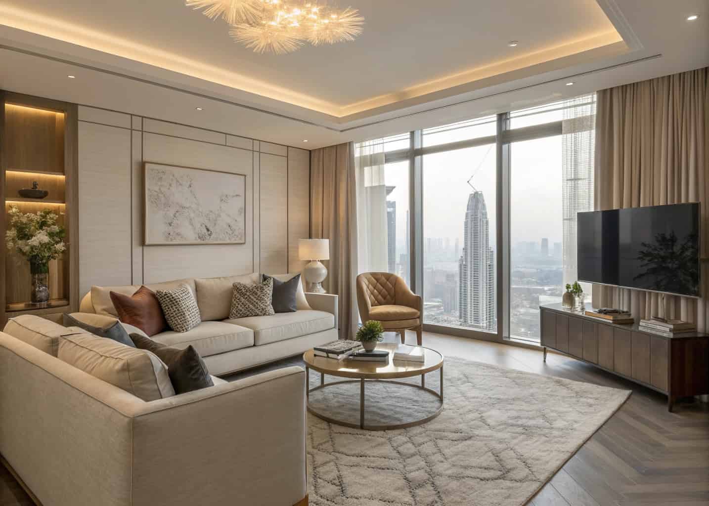 Chic high-rise apartment living room with neutral furniture, layered textures, stylish décor, city view through large windows”