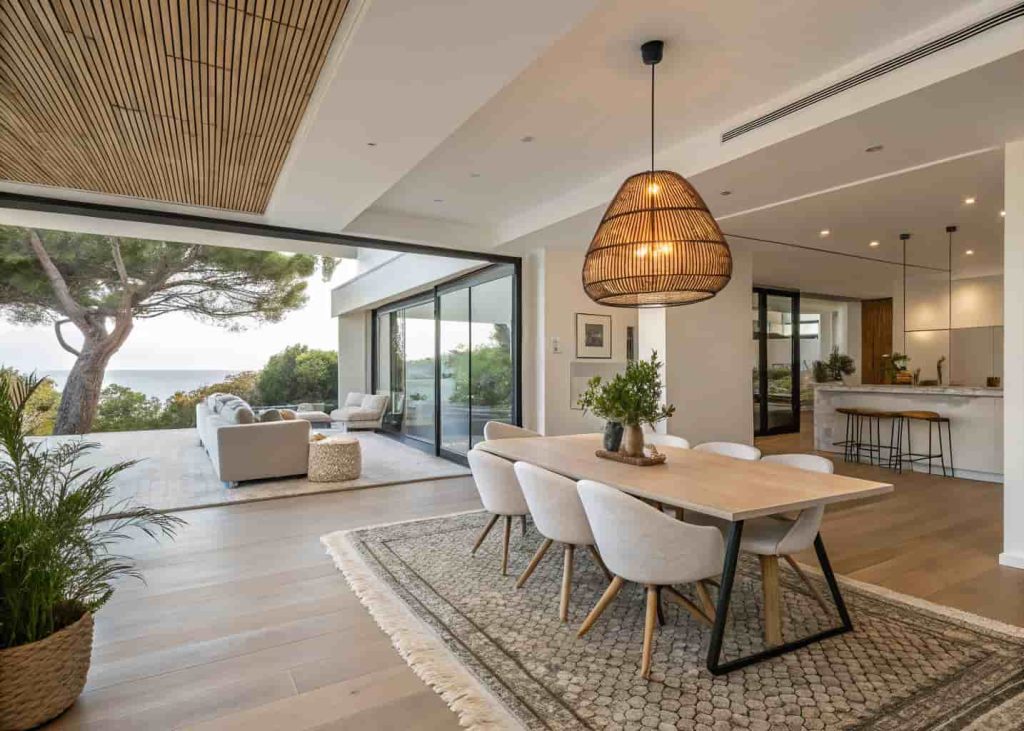 Living and dining combo with area rug defining seating space, pendant light over dining table, open modern interior”