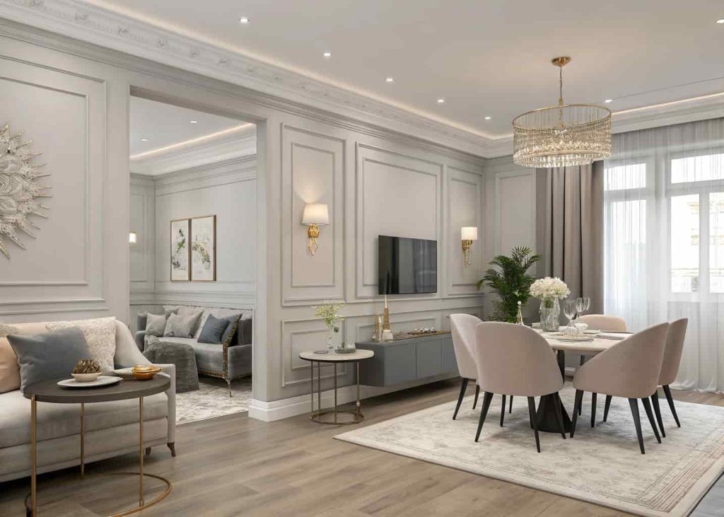Neutral modern living and dining room combo with cohesive color palette, soft tones, elegant decor styling