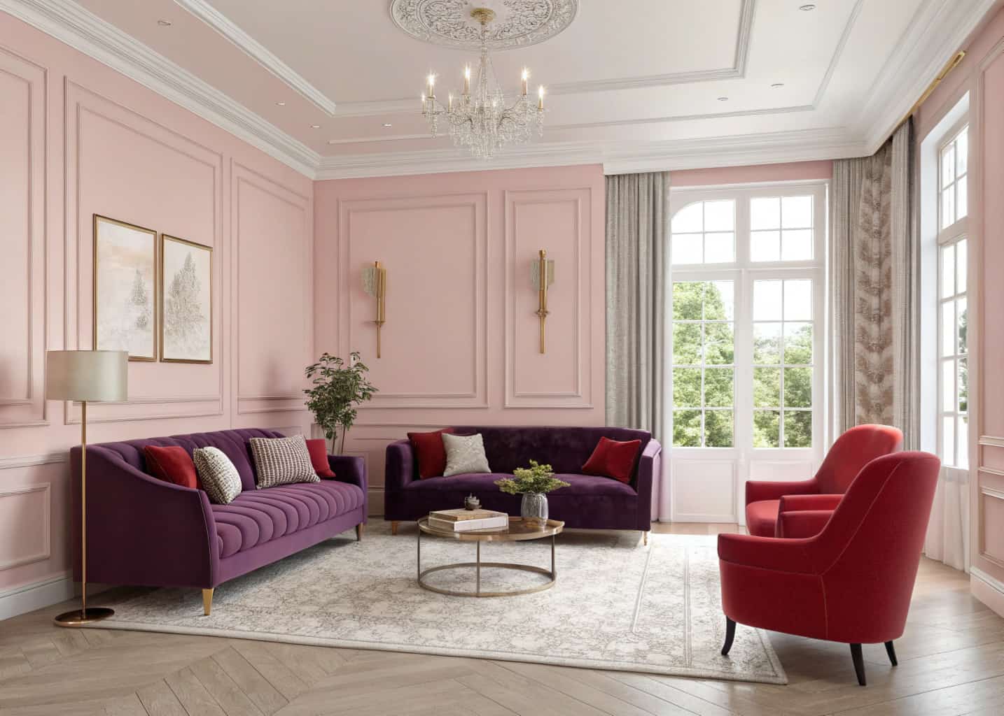 Living room with blush pink walls, deep purple sofa, red accent chairs, neutral rug, bright and elegant interior”