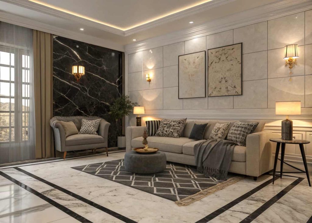 Cozy living room with black and white marble tiles, area rug, soft textiles, warm lighting”