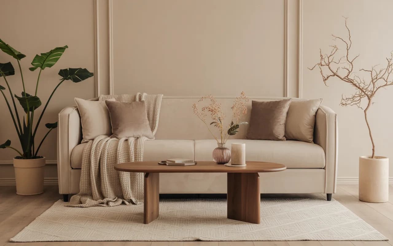 Beige sofa living room with velvet cushions, cotton throw, wooden coffee table, textured rug, elegant cozy interior”