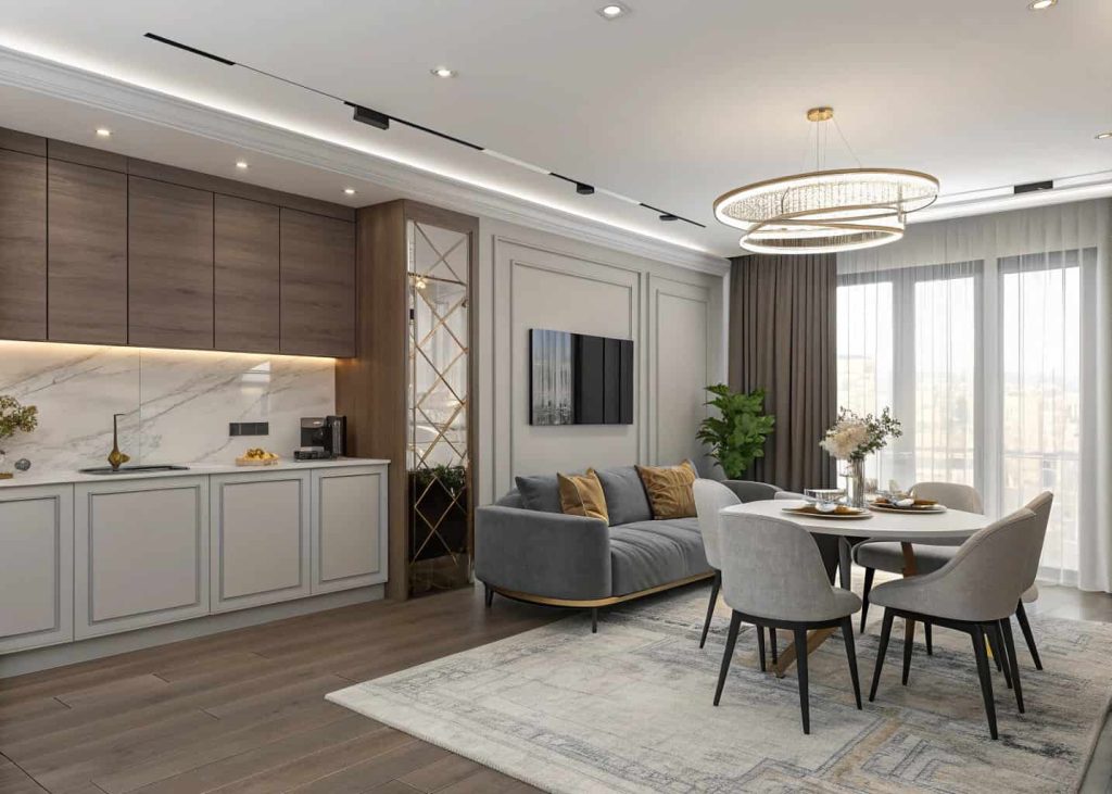 Modern furniture in dining and living combo, sleek sofa, minimalist dining table, balanced contemporary styling”