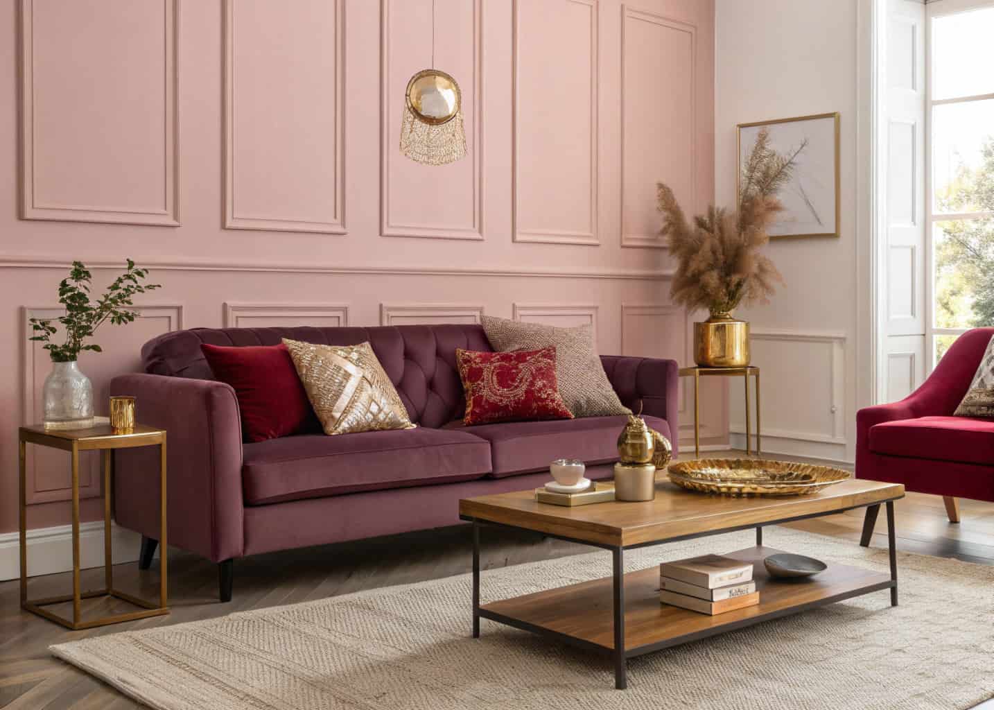 Modern living room with blush pink walls, plum purple sofa, red cushions, gold accents, wooden coffee table, stylish décor”