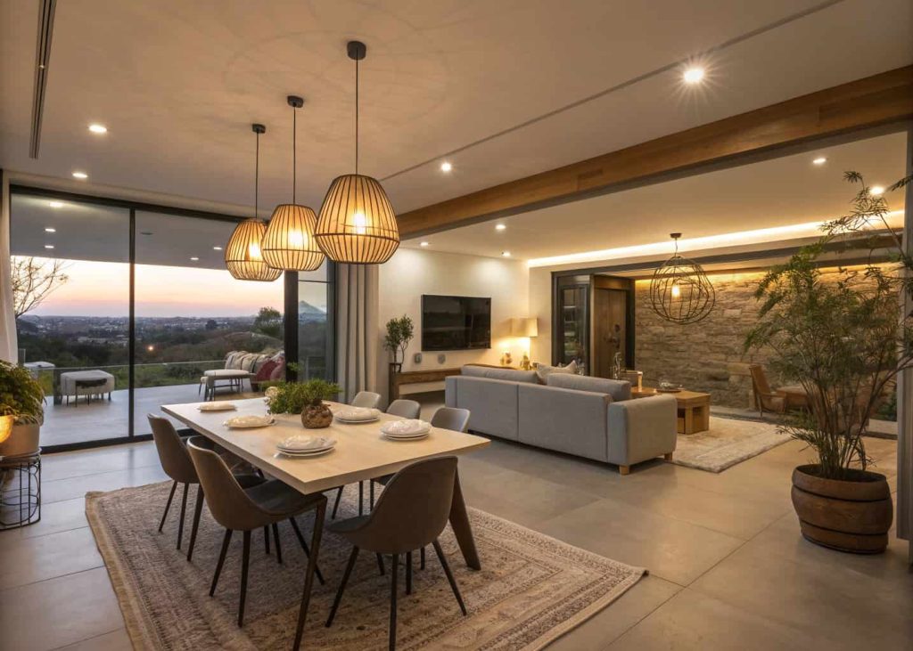 Dining table with pendant lighting and cozy living room lamps, warm ambient lighting, modern open space”