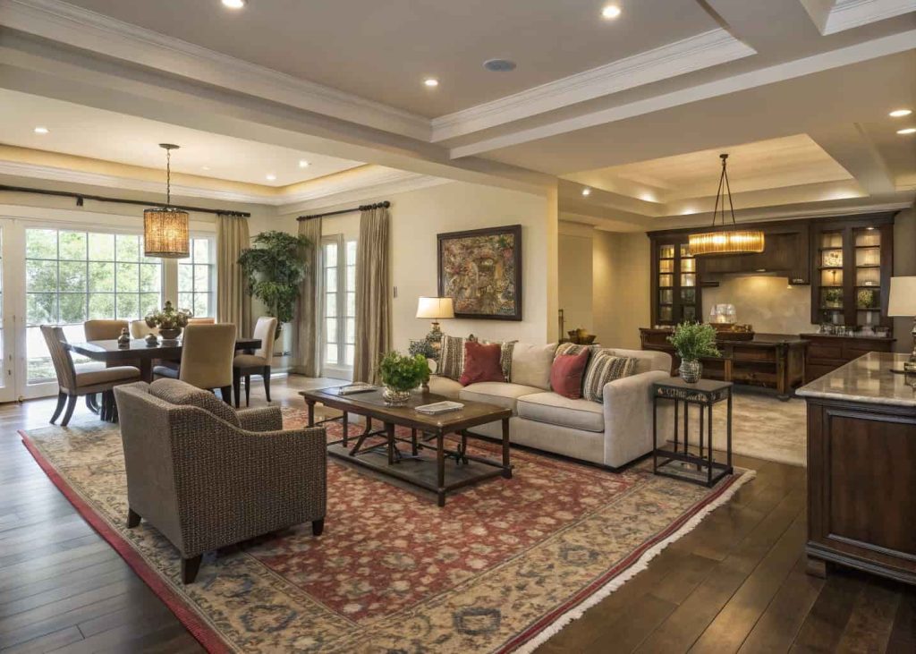 Open living dining room with large area rug under seating area, modern furniture arrangement, cozy atmosphere”