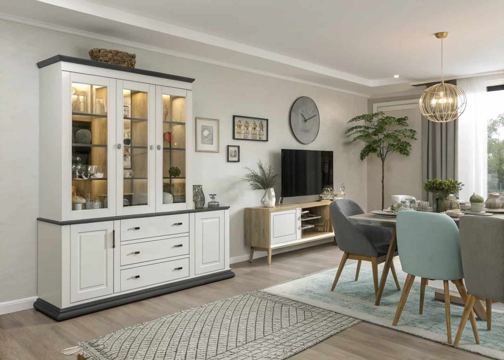 Modern living and dining combo with stylish storage cabinet, organized decor, clean minimalist interior”