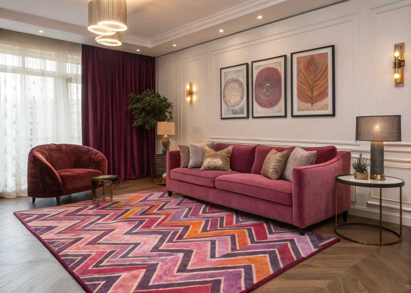 Modern living room with patterned pink, purple, and red rug, velvet cushions, silk curtains, stylish cozy interior”