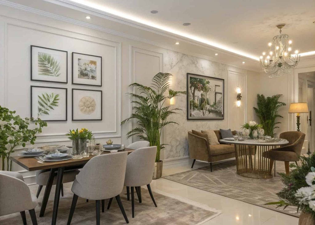 Dining and living combo with coordinated wall art, plants, decorative accessories, modern elegant styling”