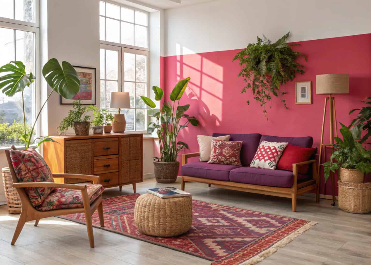 “Bold living room with pink, purple, and red décor, lush green indoor plants, wooden furniture, natural sunlight”
