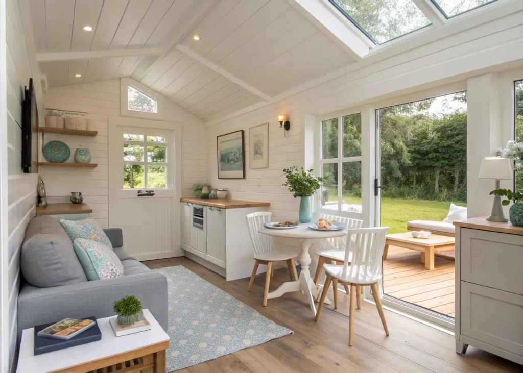 “Small open living and dining combo, compact furniture, bright airy design, modern cozy styling”