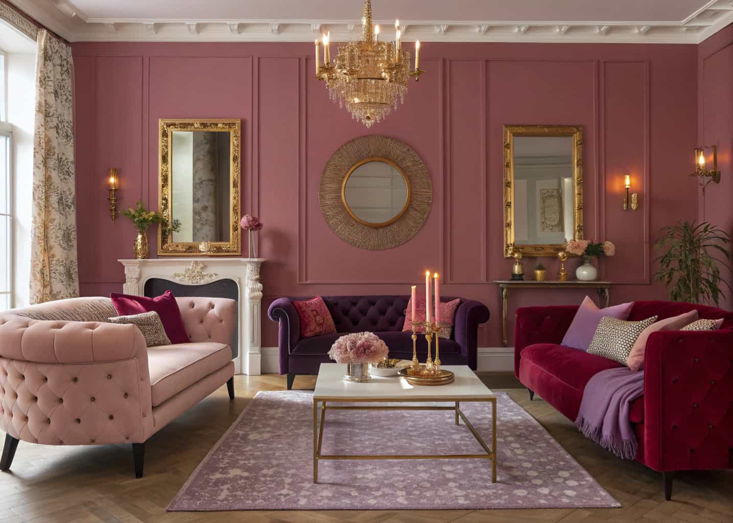 Stylish living room with pink, purple, and red décor, gold accents, mirrors, candles, and elegant accessories”