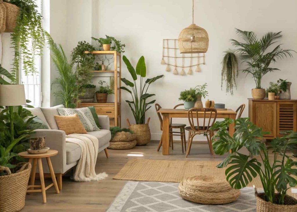 Living and dining combo with indoor plants, wooden furniture, natural textures, warm modern interior”