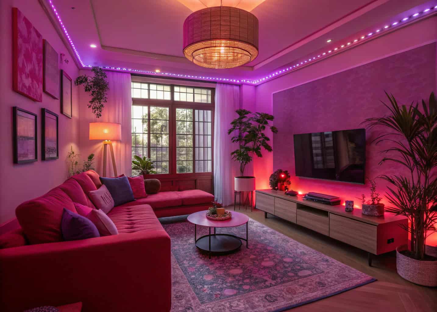 Vibrant living room with pink, purple, and red décor, layered lighting, cozy modern ambiance, natural light streaming in”