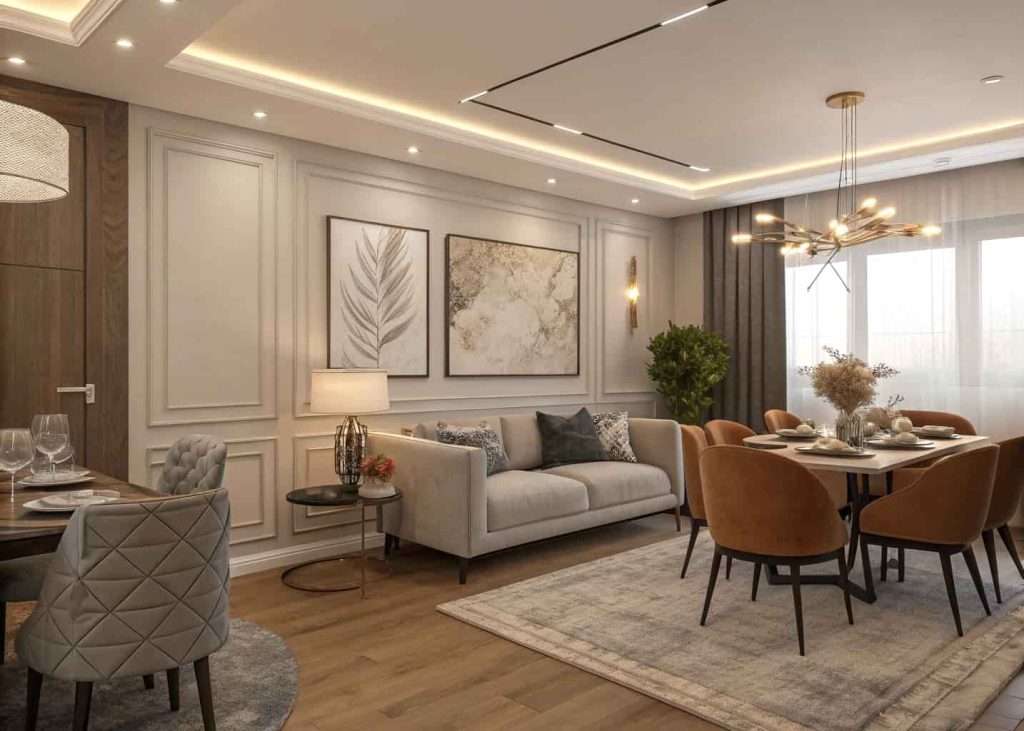 Elegant yet cozy living and dining room combo, soft seating, stylish dining setup, modern decor”