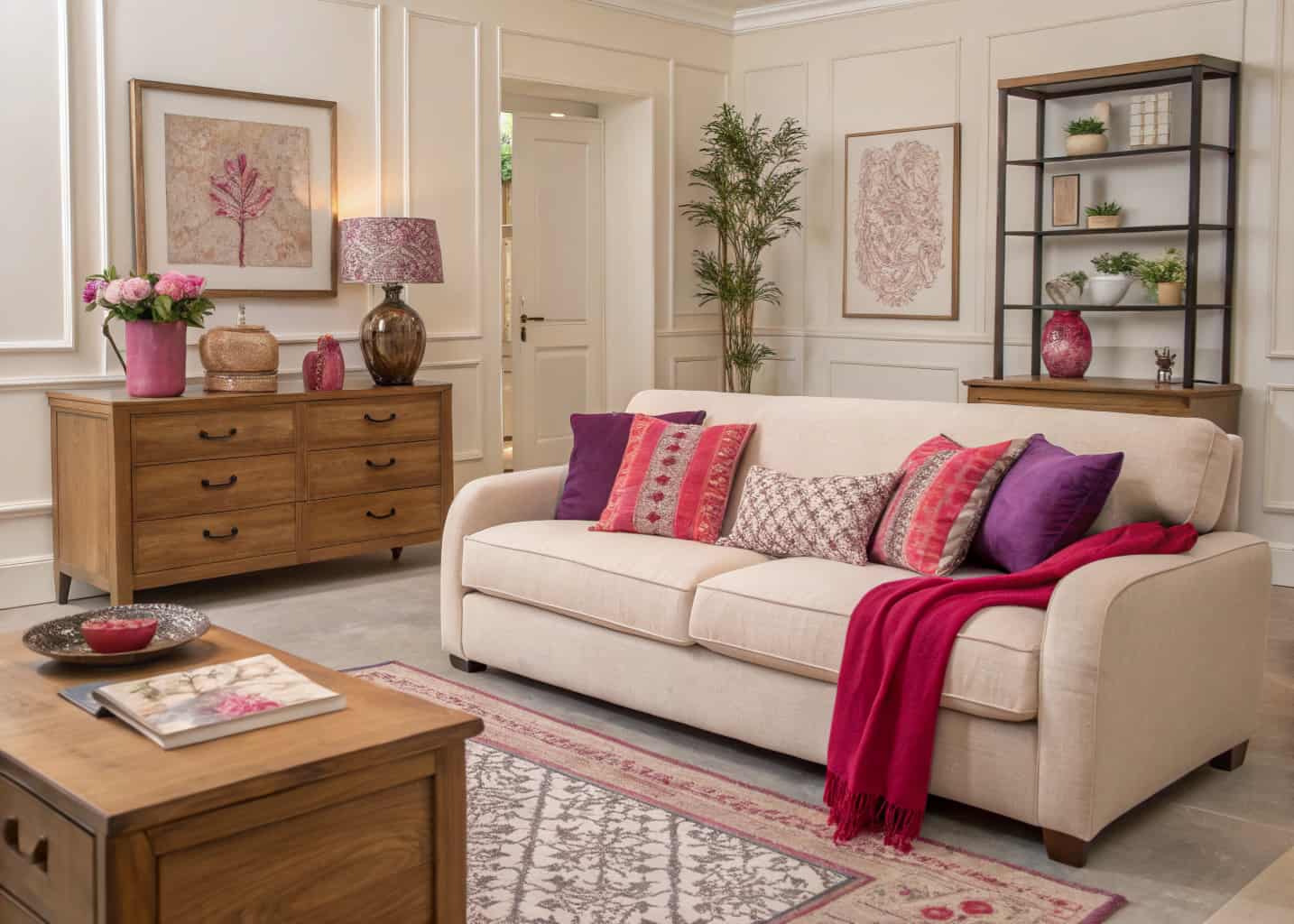 “Modern living room with neutral sofa, pink, purple, and red accents, wooden furniture, stylish cozy décor”
