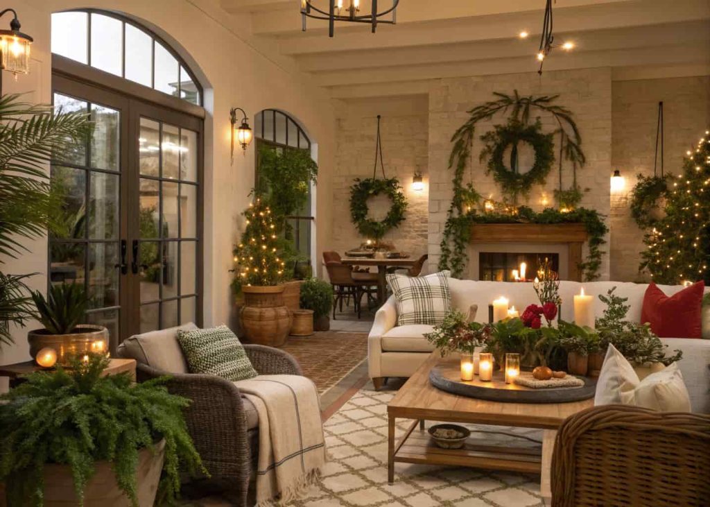 Seasonally decorated living and dining combo with cozy accents, plants, warm inviting atmosphere”