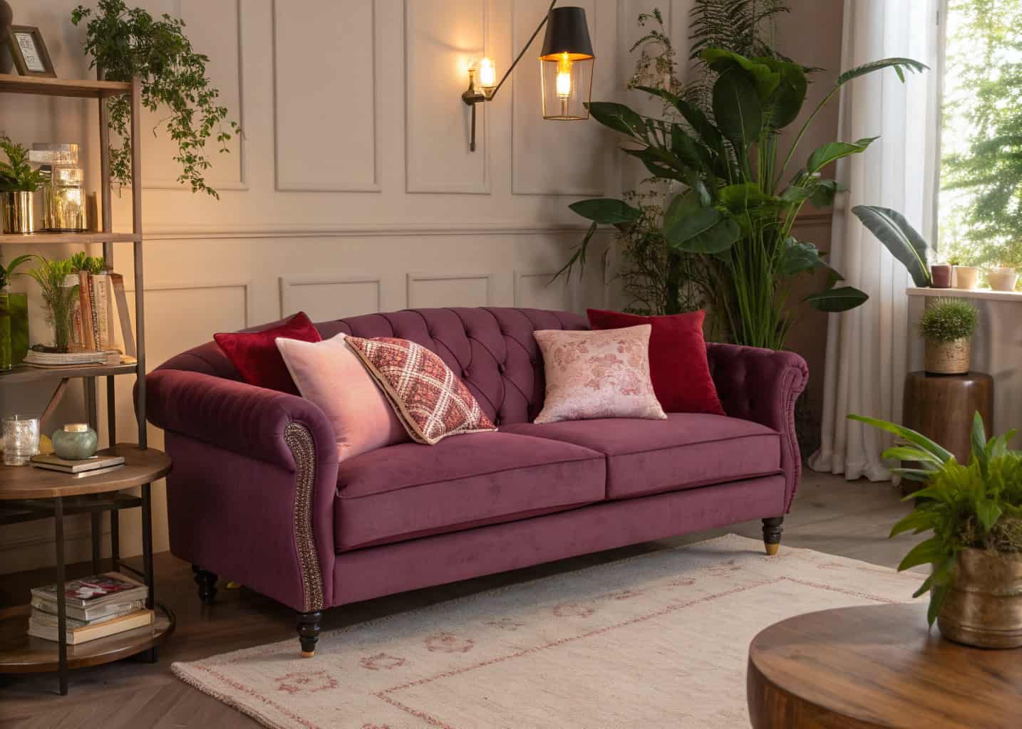 “Cozy living room with deep purple sofa, blush pink cushions, red accents, green plants, warm lighting, stylish interior”
