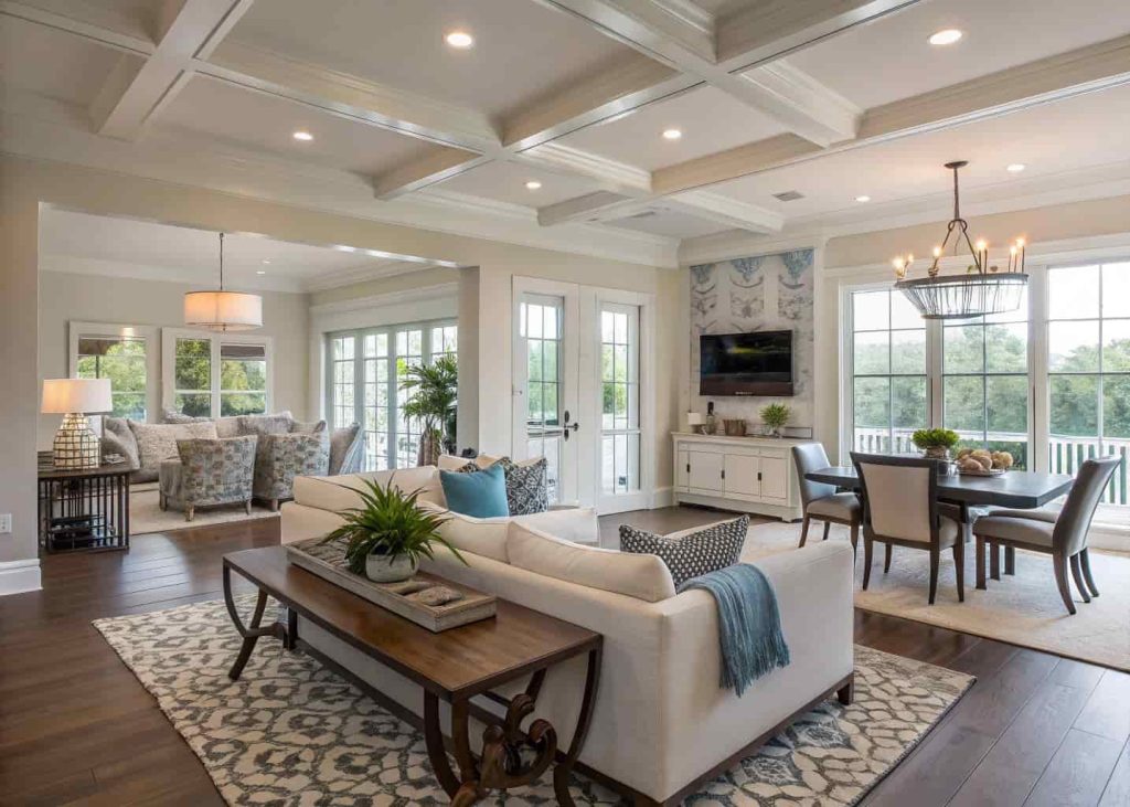 Balanced open living and dining room with cohesive decor, modern furniture arrangement, harmonious layout”