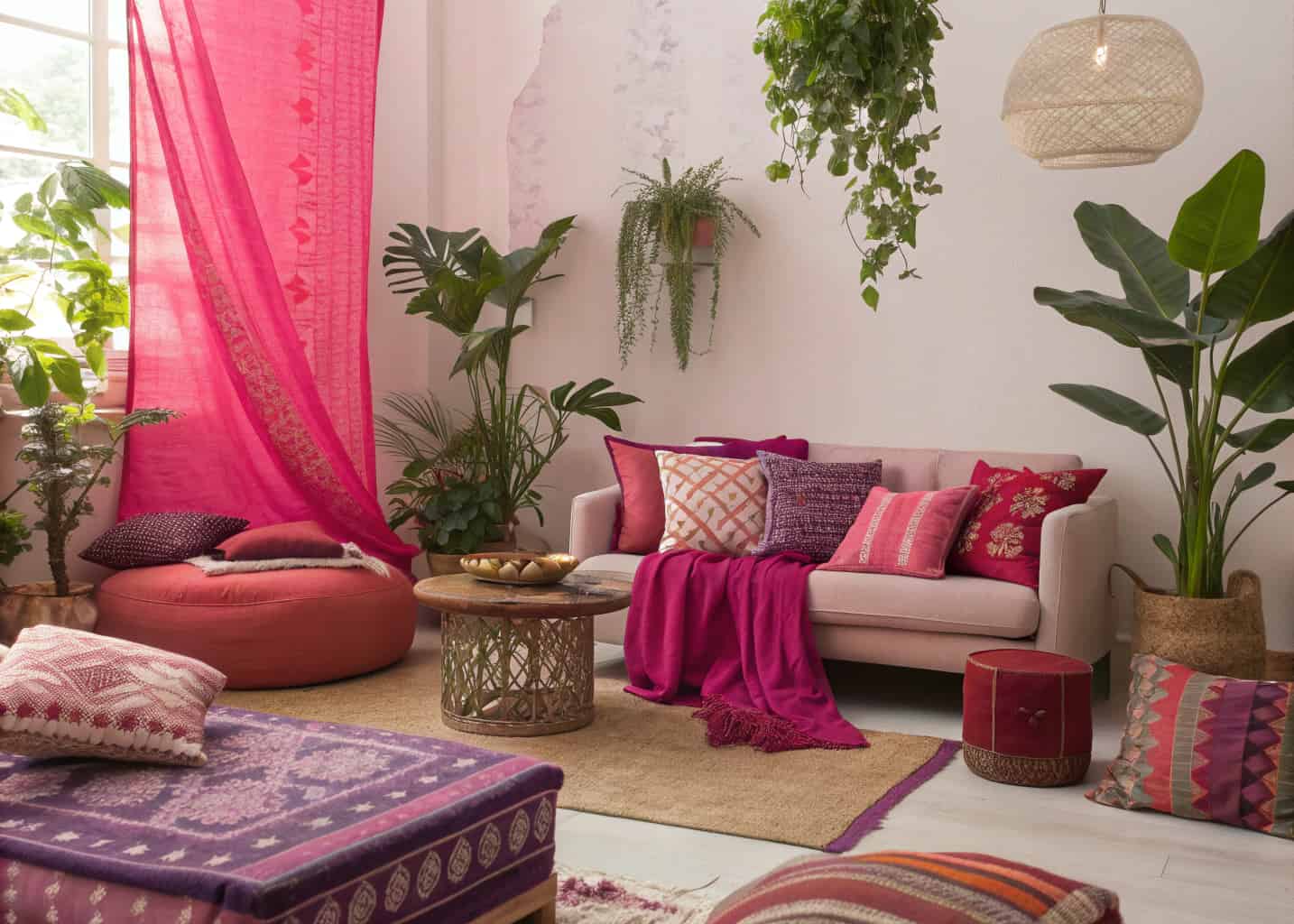 Vibrant living room with pink, purple, and red décor, layered textiles, green plants, cozy and stylish interior”