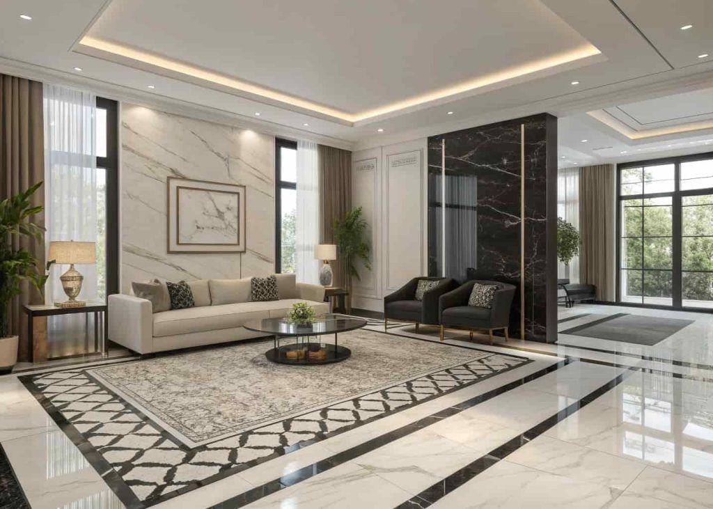 Modern living room with black and white marble tiles and a neutral statement rug, stylish furniture, elegant interior”