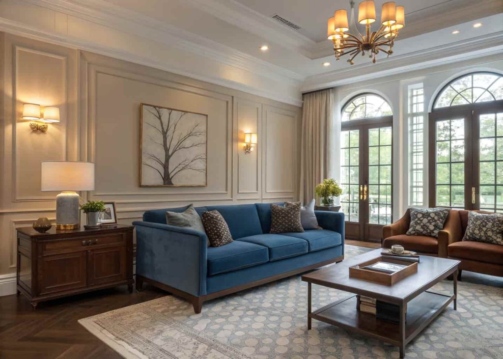 Modern living room with blue sofa and brown furniture, warm cozy lighting, balanced color palette, elegant home interior, natural sunlight”