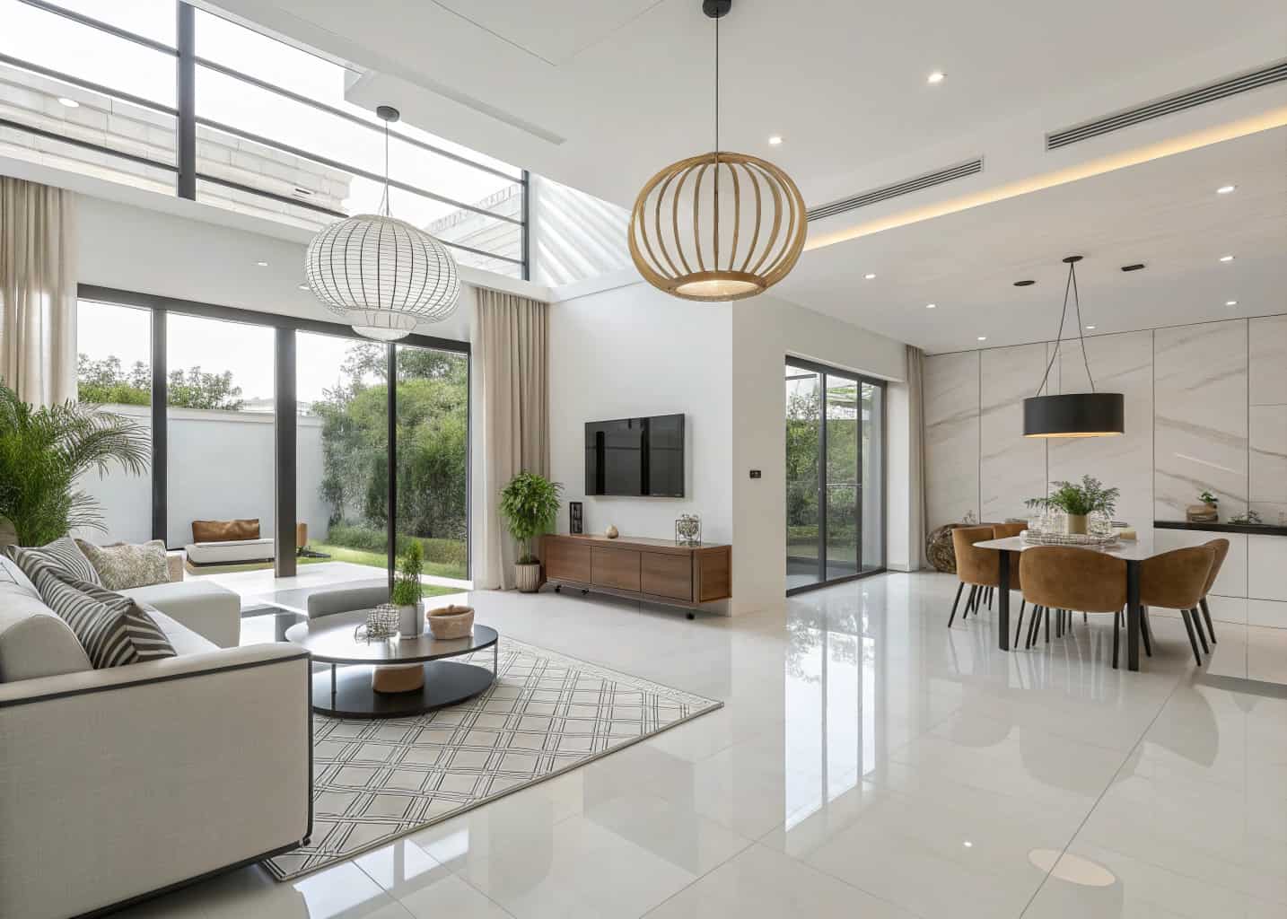 Modern living room with white tile floors, statement pendant lighting, stylish minimalist furniture