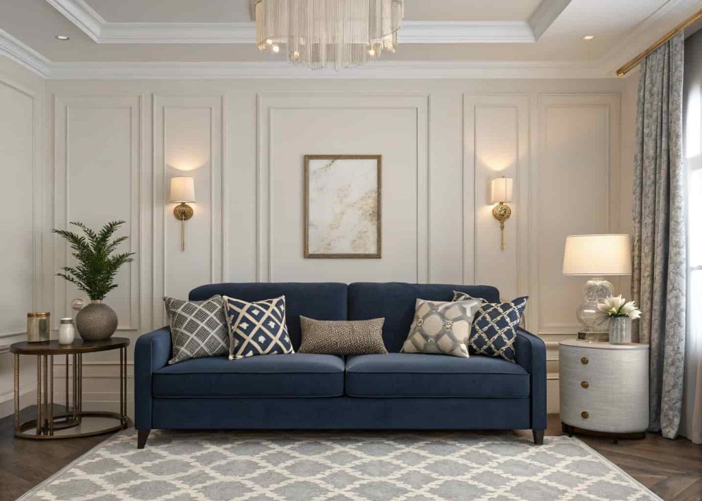 Living room featuring navy blue sofa, neutral decor, soft lighting, modern styling with balanced tones”