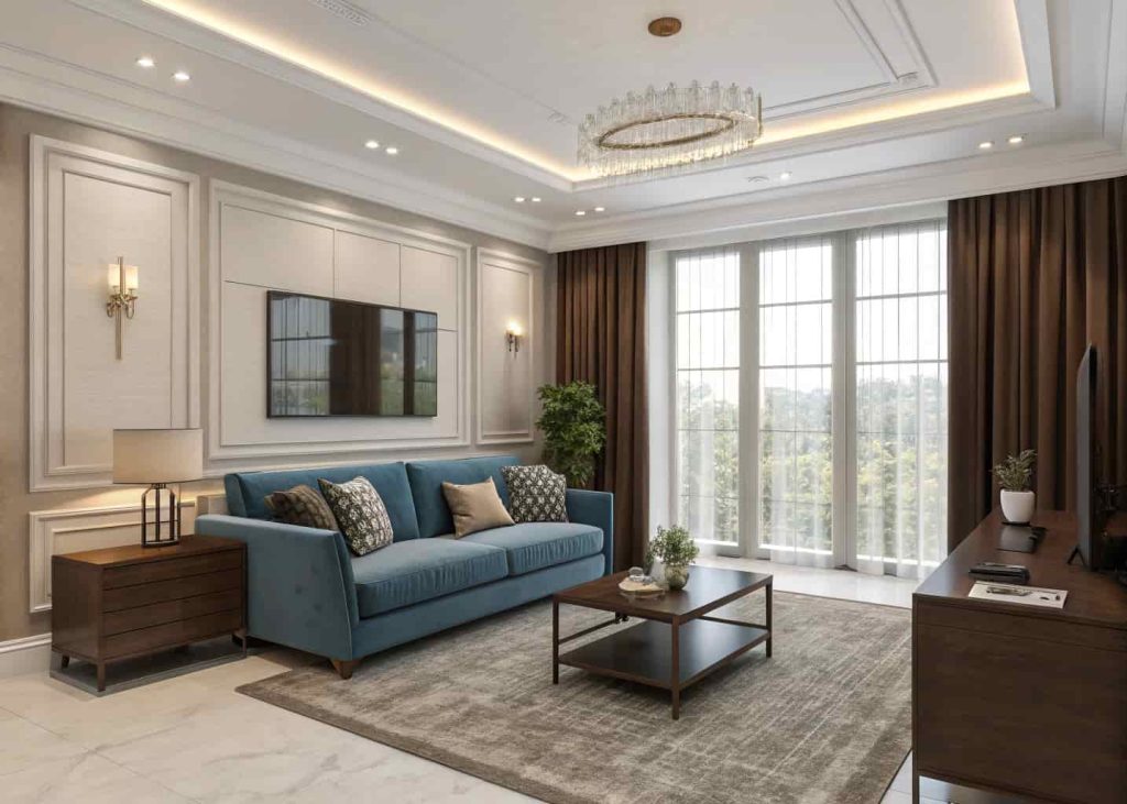 Balanced living room design showing blue sofa, brown decor accents, neutral walls, modern interior layout”