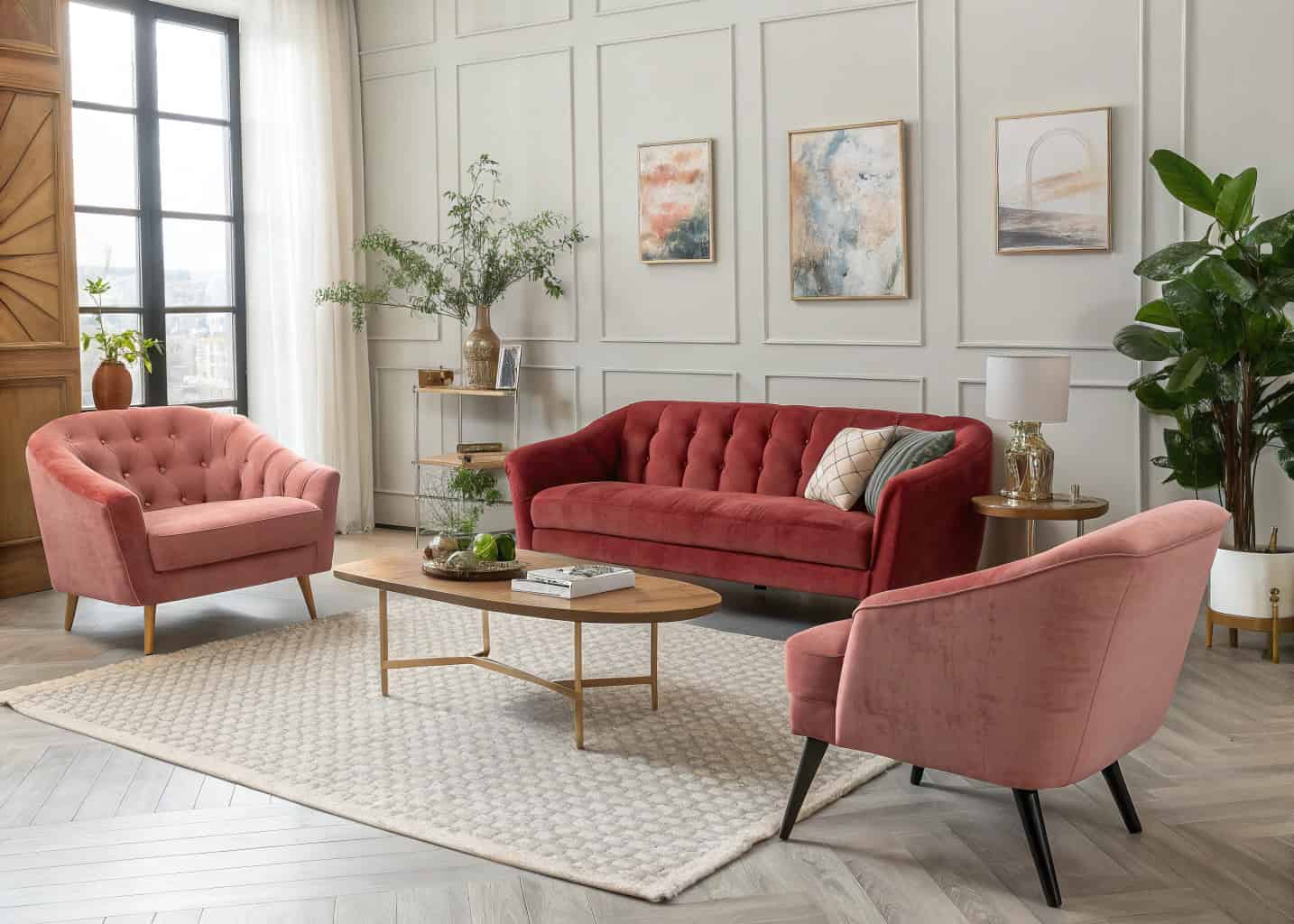 “Stylish living room with red velvet sofa, blush pink armchairs, neutral rug, wooden coffee table, contemporary interior”