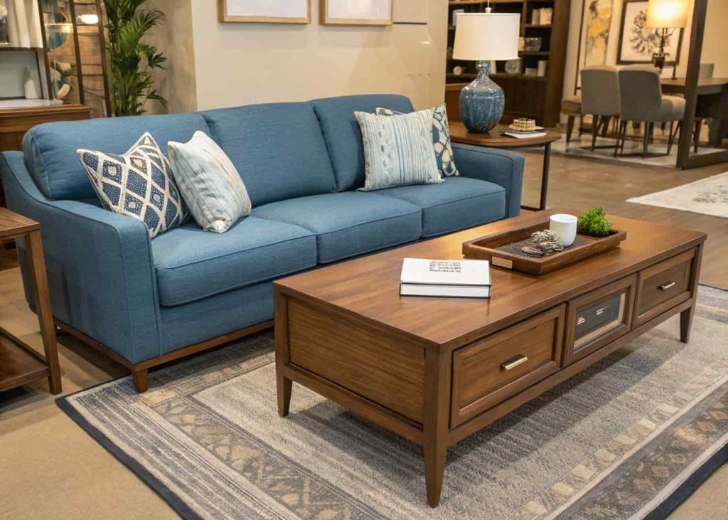Blue fabric sofa with brown wood coffee table, stylish furniture arrangement, cozy modern living room”