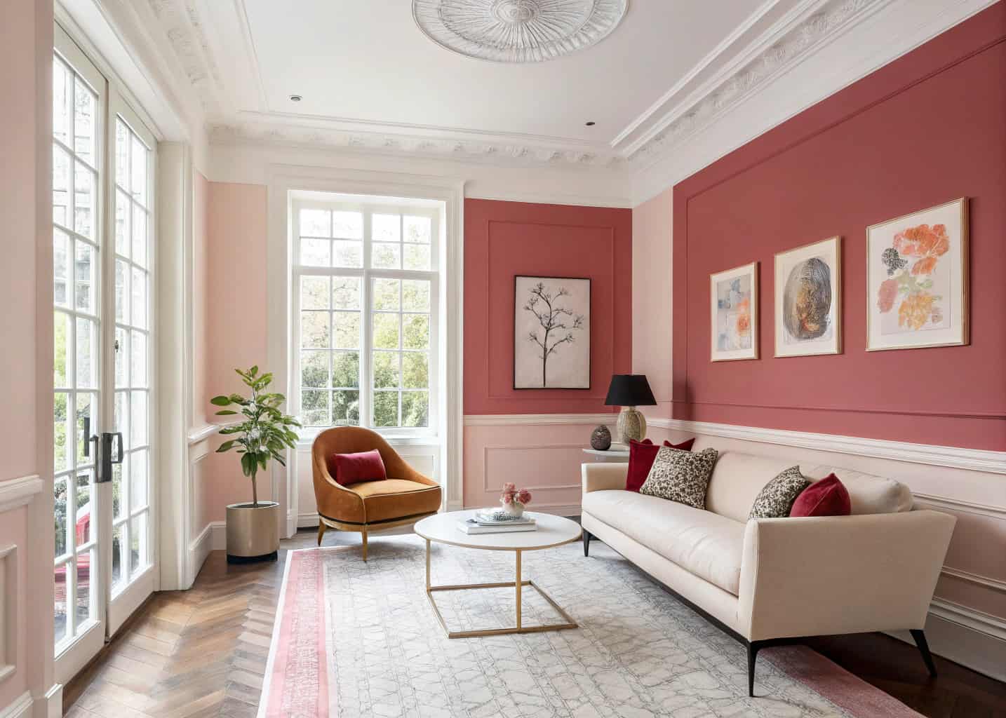 “Living room with blush pink walls, deep red accent wall, stylish artwork, modern furniture, bright and airy interior”