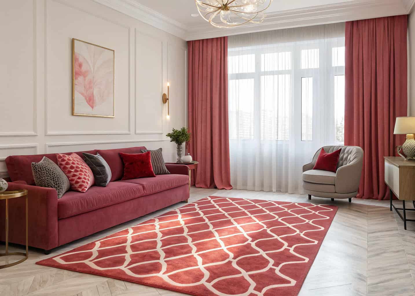 Modern living room with patterned red and pink rug, velvet cushions, silk curtains, bright and cozy interior”
