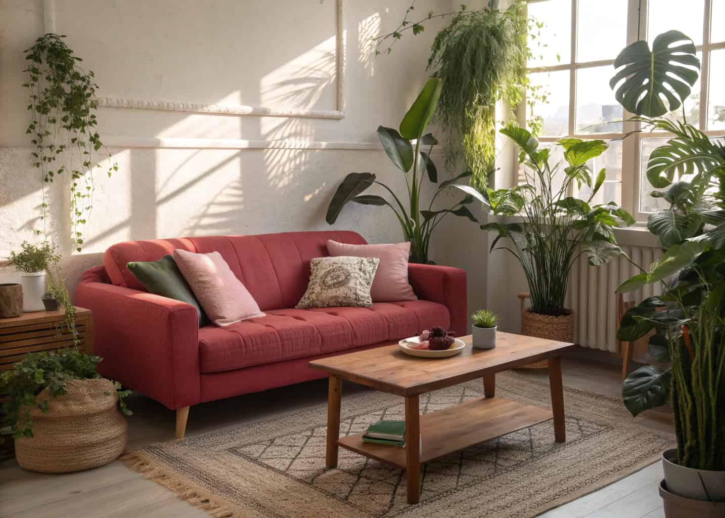 Cozy living room with red sofa, pink cushions, lush green indoor plants, wooden coffee table, sunlight, stylish interior”