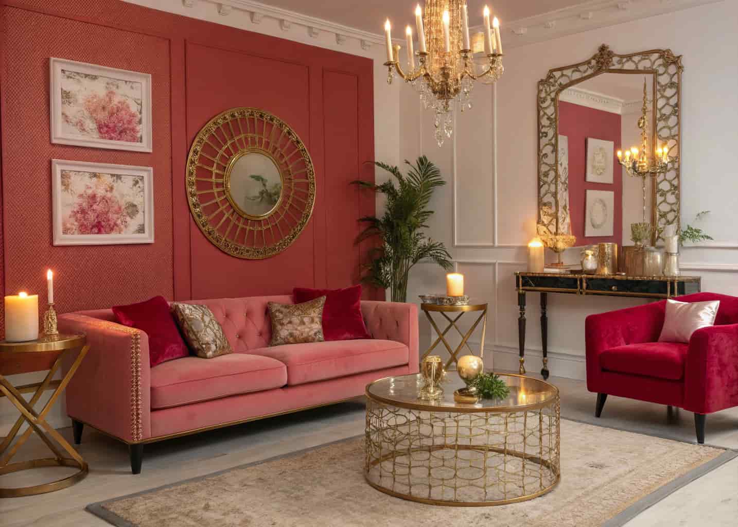 “Elegant living room with red and pink décor, gold accents, mirrors, candles, and cozy modern furniture”