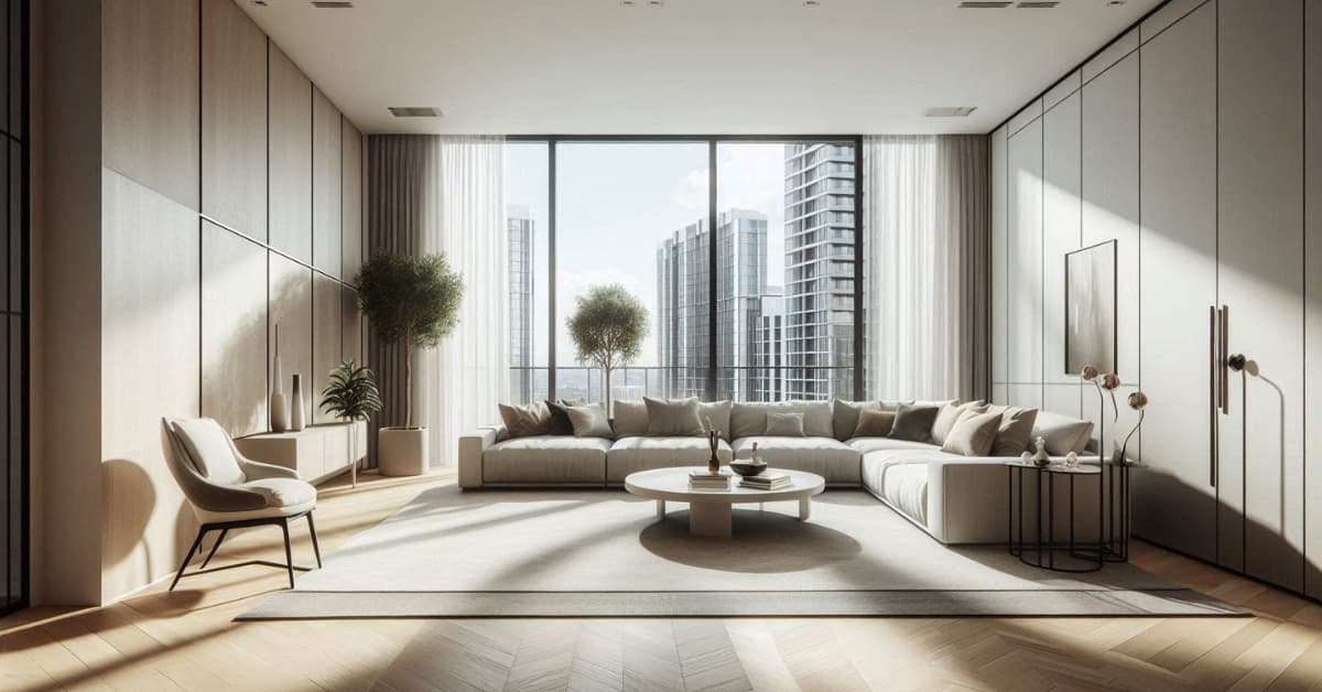 “Minimalist high-rise apartment living room with neutral furniture, clean lines, modern décor, bright natural lighting, stylish interior”