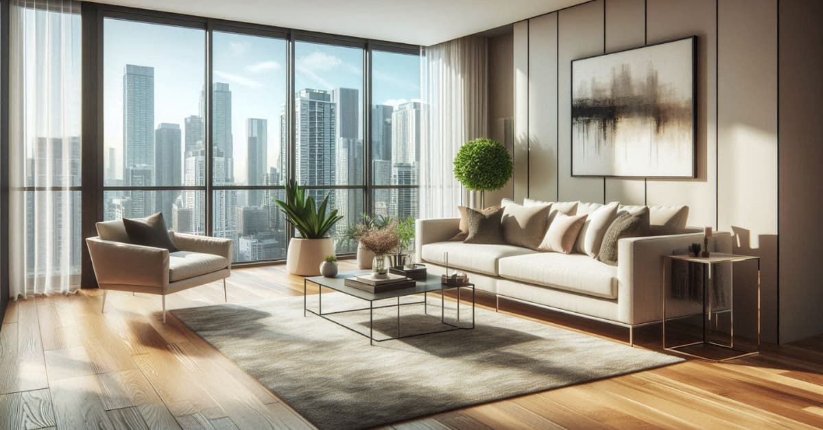 High-rise apartment living room with hardwood flooring, layered neutral rugs, beige sofa, minimalist coffee table, modern décor”