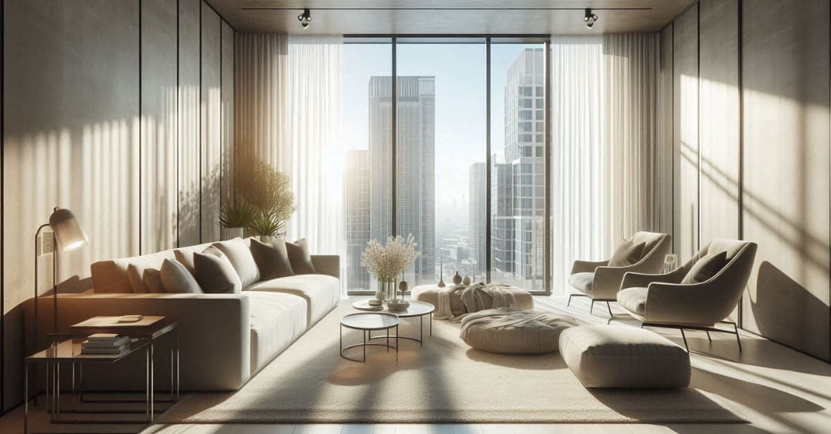 Modern high-rise apartment living room with floor-to-ceiling windows, sheer curtains, neutral furniture, city view, bright and airy”