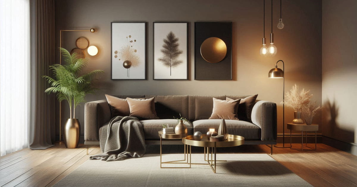 Living room with dark beige sofa, gold coffee table, bronze decorative accessories, neutral rug, modern cozy décor”