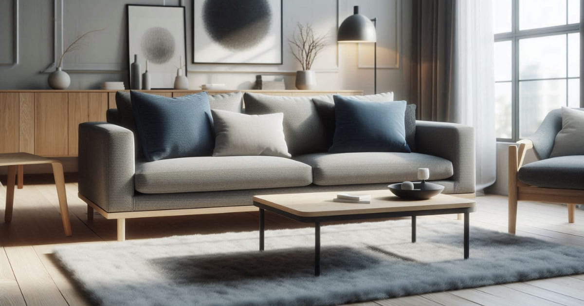 “Grey sofa living room with navy blue cushions, light blue rug, wooden coffee table, modern contemporary décor”