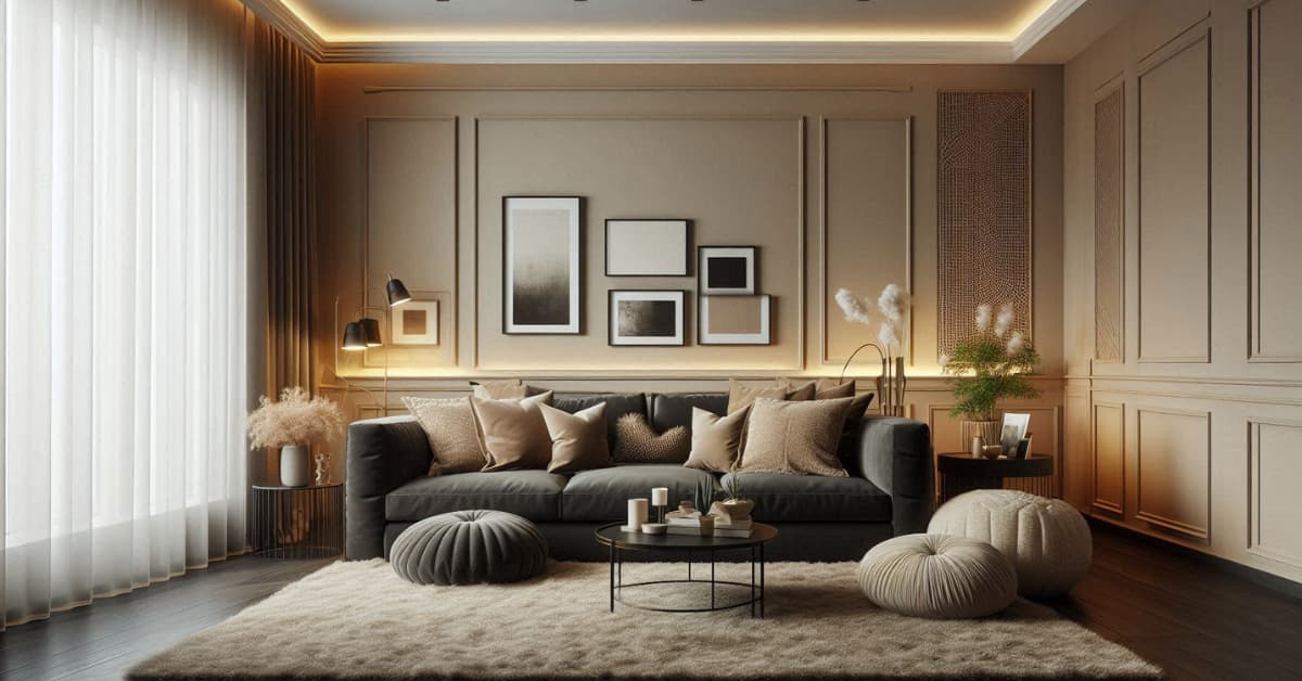 “Living room with dark beige sofa, soft cream walls, textured accent wall, layered cushions, modern stylish interior”