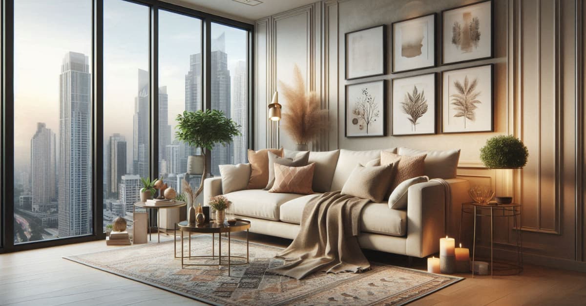 High-rise apartment living room with beige sofa, layered cushions, patterned rug, throw blanket, cozy stylish décor”