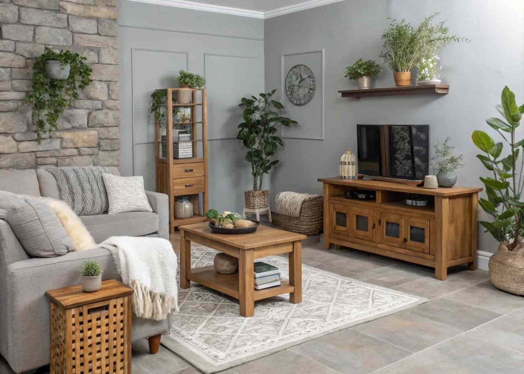 Grey living room with wooden furniture, indoor plants, stone decor accents, modern and calming interior design.