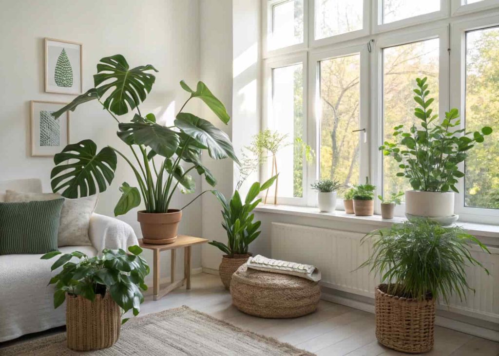A bright living room with green indoor plants placed near a window, simple and clean setup