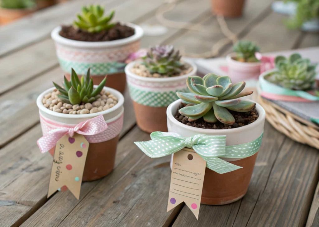 Small potted succulents with ribbons and tags arranged on a rustic wooden table for party favors.”