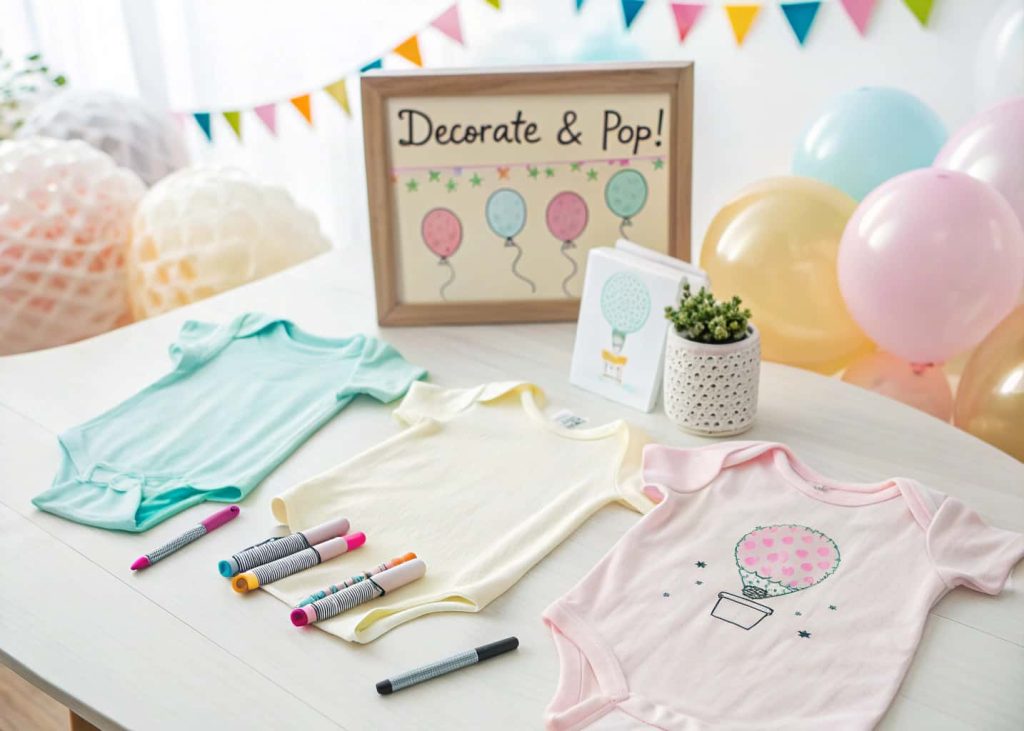A baby shower DIY onesie decorating station with pastel onesies, fabric markers, stencils, and a sign saying ‘Decorate & Pop!’”